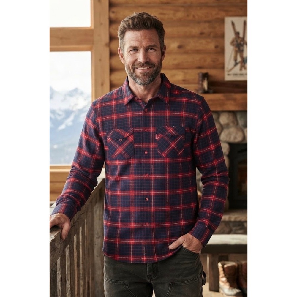 Salomon Mens Plaid Flannel Button Down Shirt Red Navy Blue Size M Long Sleeve